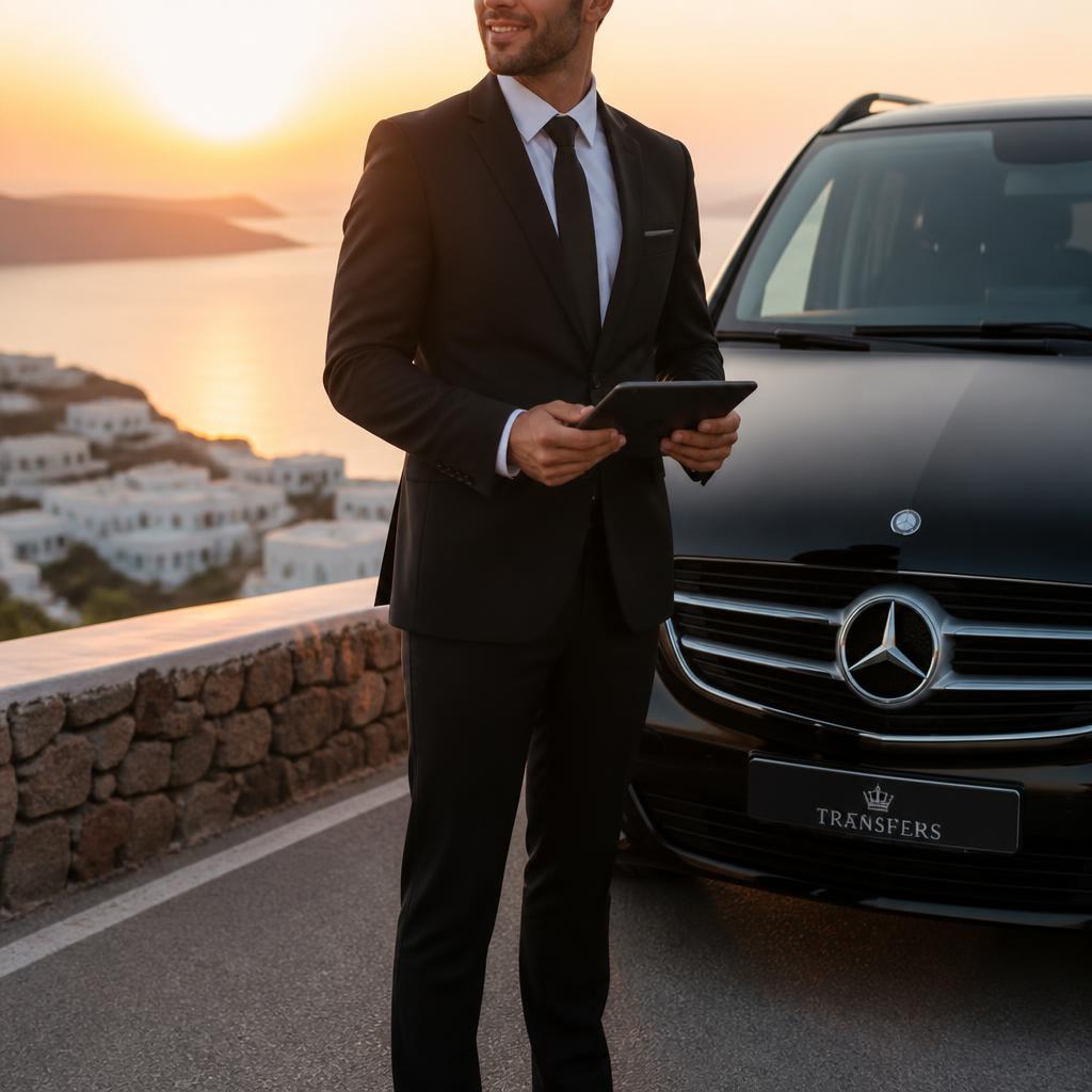 Professional chauffeur standing beside a black Mercedes van on Zakynthos at sunset